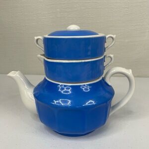 Schneider J & Co JLS Czech Blue Stacking Nest Teapot Vtg MCM Cream Sugar Tea Set